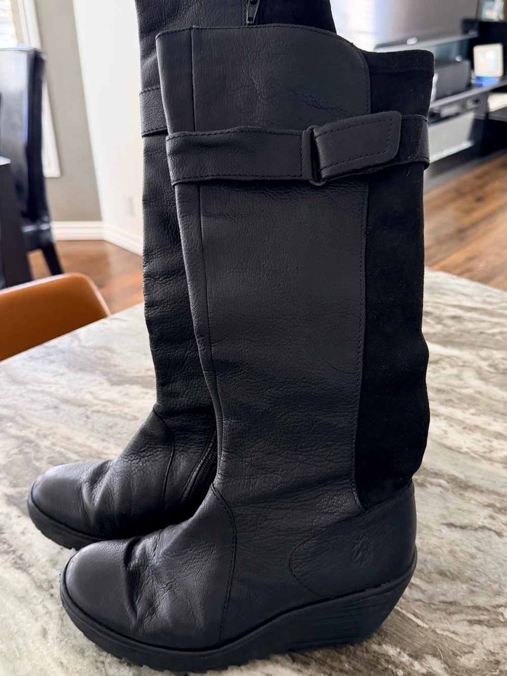 Fly London Women's Black Leather Wedge Knee Boots